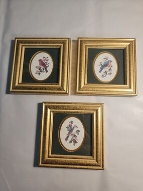 Feather Friends Mini Bird Prints x 3 Finch Titmouse Bluebird 1994 Framed 4" x 4"